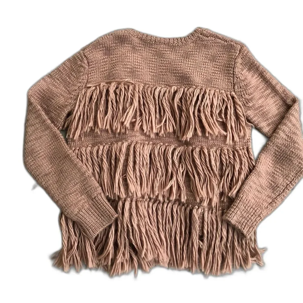 Trina Turk Wool Fringe Cardigan Jacket Boho Western Brown Tan Knit Sweater S